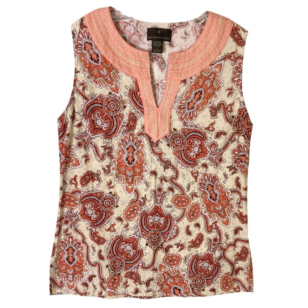 NWOT FENN WRIGHT MASON Blouse L Peach Linen Blend Embroidery Paisley Sleeveless